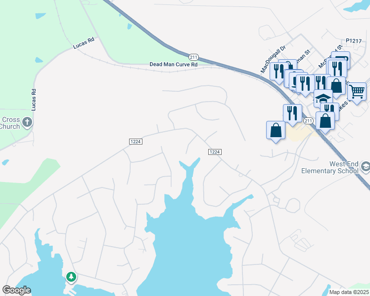 map of restaurants, bars, coffee shops, grocery stores, and more near 110 Patman Court in Seven Lakes