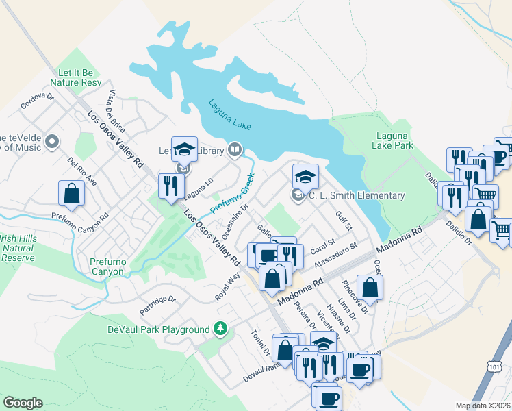 map of restaurants, bars, coffee shops, grocery stores, and more near 1212 Drake Circle in San Luis Obispo