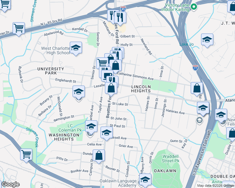 map of restaurants, bars, coffee shops, grocery stores, and more near 2004 Beatties Ford Road in Charlotte