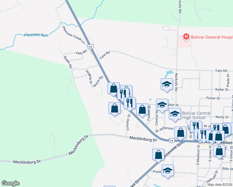 map of restaurants, bars, coffee shops, grocery stores, and more near 1354 West Market Street in Bolivar
