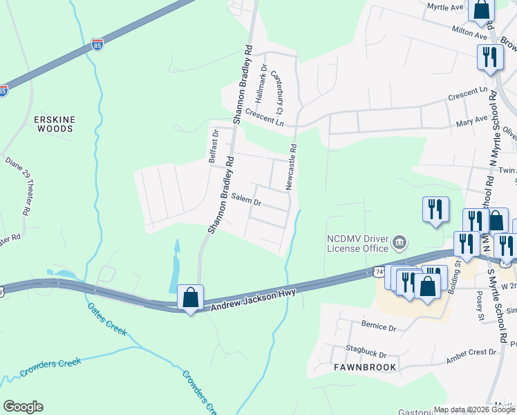 map of restaurants, bars, coffee shops, grocery stores, and more near 3043 Salem Drive in Gastonia