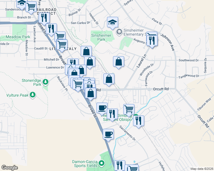 map of restaurants, bars, coffee shops, grocery stores, and more near 3120 Duncan Road in San Luis Obispo