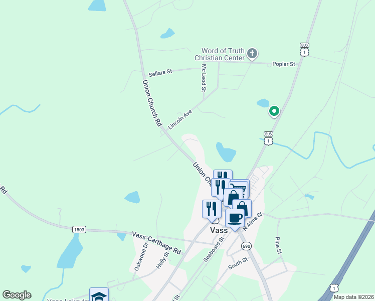 map of restaurants, bars, coffee shops, grocery stores, and more near 10 Bynum Court in Vass