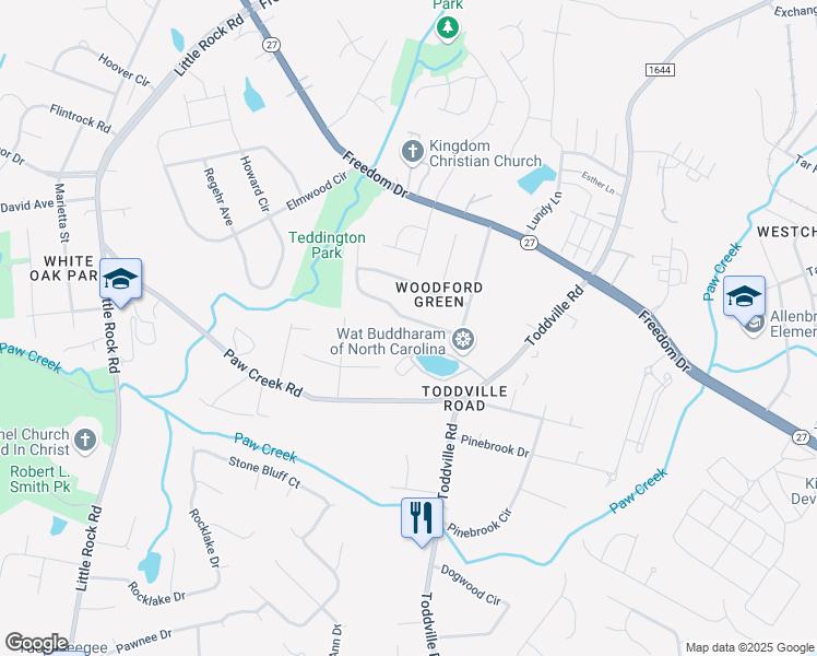 map of restaurants, bars, coffee shops, grocery stores, and more near 1831 Teddington Drive in Charlotte