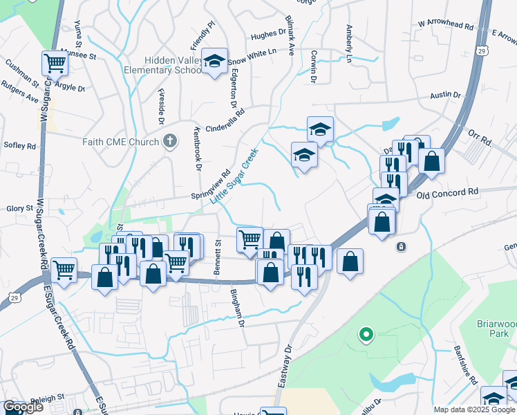 map of restaurants, bars, coffee shops, grocery stores, and more near 411 Lambeth Drive in Charlotte