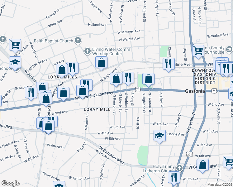 map of restaurants, bars, coffee shops, grocery stores, and more near 1005 W Franklin Blvd in Gastonia