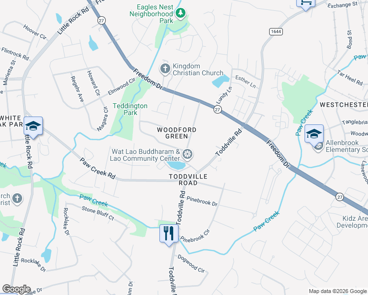 map of restaurants, bars, coffee shops, grocery stores, and more near 1734 Teddington Drive in Charlotte