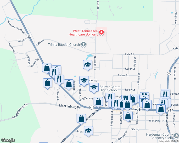map of restaurants, bars, coffee shops, grocery stores, and more near 445 Nuckolls Road in Bolivar
