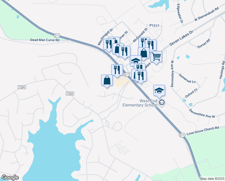 map of restaurants, bars, coffee shops, grocery stores, and more near Pinnacle Court in Seven Lakes