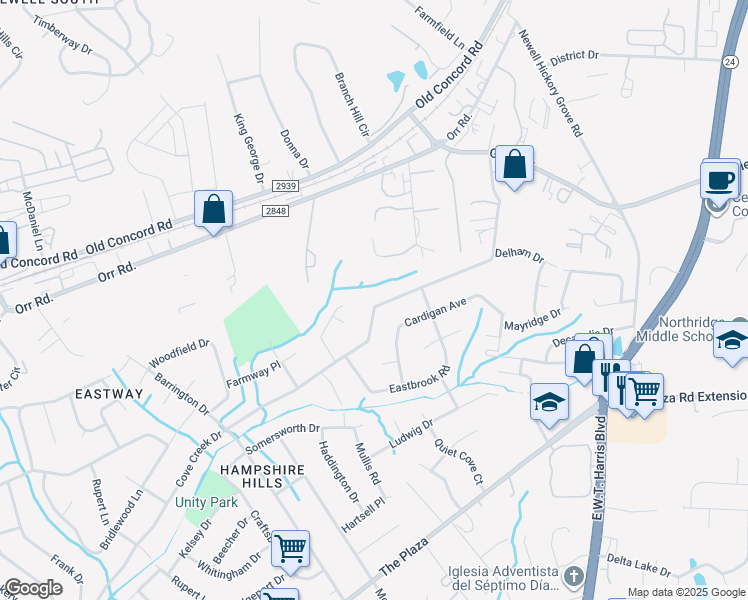 map of restaurants, bars, coffee shops, grocery stores, and more near 6829 Cove Creek Drive in Charlotte