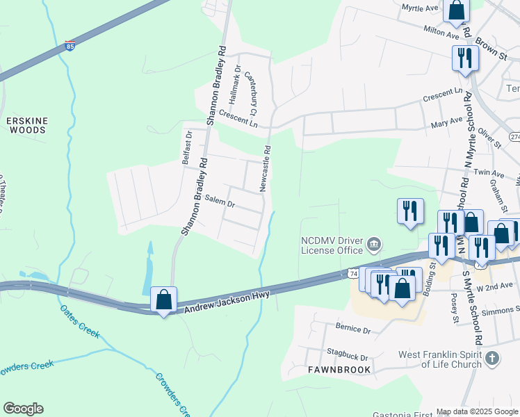 map of restaurants, bars, coffee shops, grocery stores, and more near 3000 Salem Drive in Gastonia