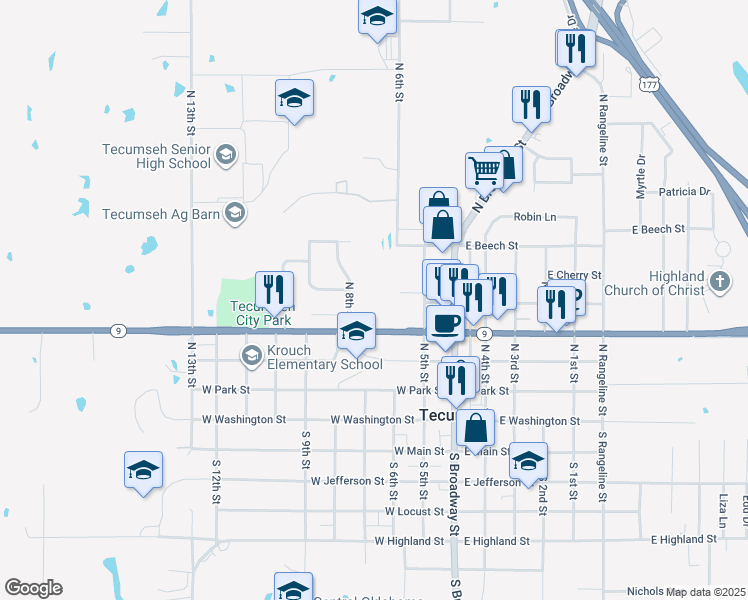 map of restaurants, bars, coffee shops, grocery stores, and more near 413 North 8th Street in Tecumseh