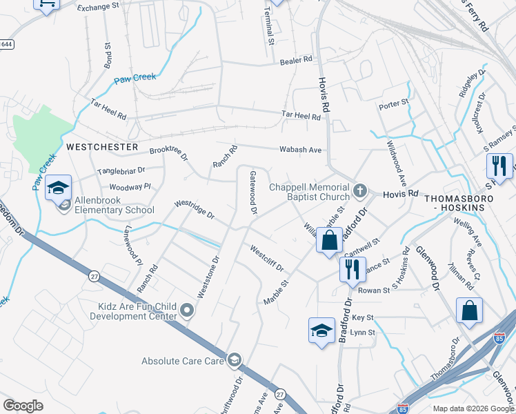 map of restaurants, bars, coffee shops, grocery stores, and more near 4314 Gatewood Drive in Charlotte