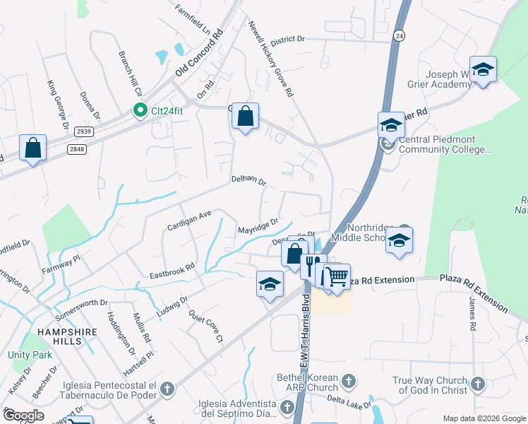 map of restaurants, bars, coffee shops, grocery stores, and more near 7137 April Ridge Lane in Charlotte