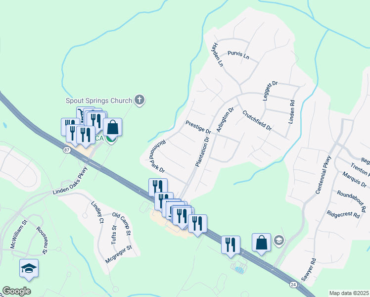 map of restaurants, bars, coffee shops, grocery stores, and more near 97 Cliffdale Court in Cameron