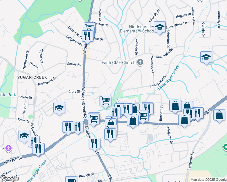 map of restaurants, bars, coffee shops, grocery stores, and more near 500 Beechway Circle in Charlotte