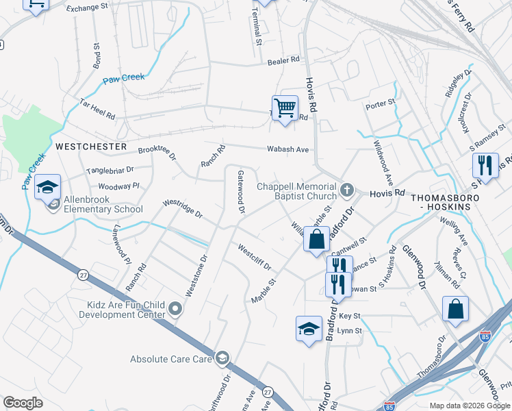 map of restaurants, bars, coffee shops, grocery stores, and more near 4314 Gatewood Drive in Charlotte