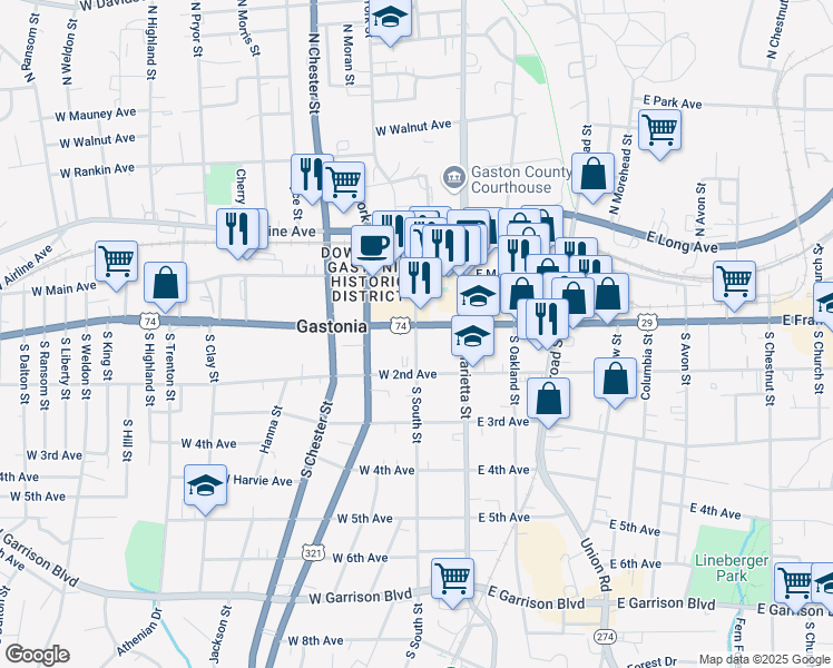 map of restaurants, bars, coffee shops, grocery stores, and more near in Gastonia