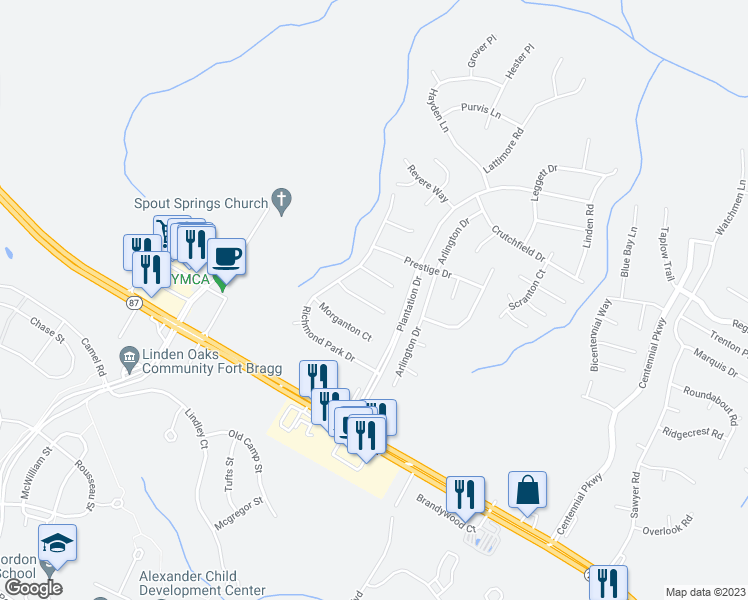 map of restaurants, bars, coffee shops, grocery stores, and more near 97 Cliffdale Court in Cameron