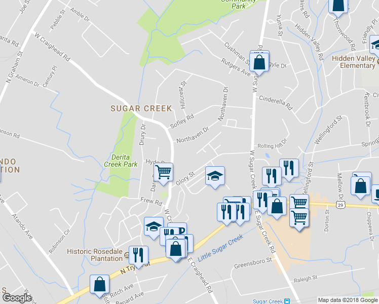 map of restaurants, bars, coffee shops, grocery stores, and more near 526 West Craighead Road in Charlotte