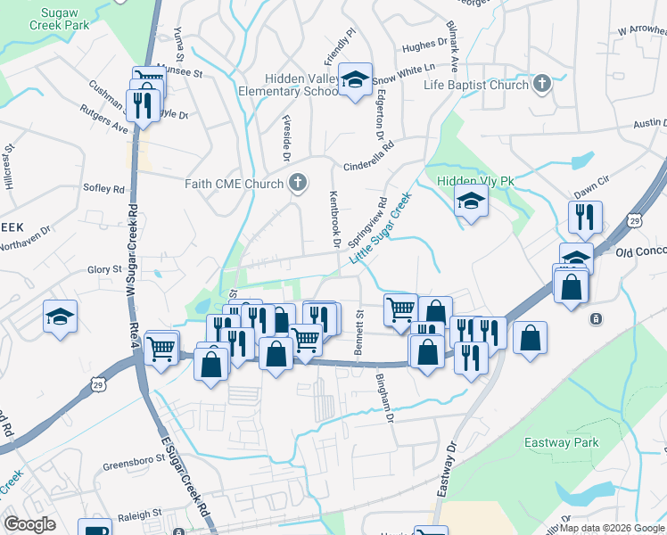 map of restaurants, bars, coffee shops, grocery stores, and more near 401 Kentbrook Drive in Charlotte