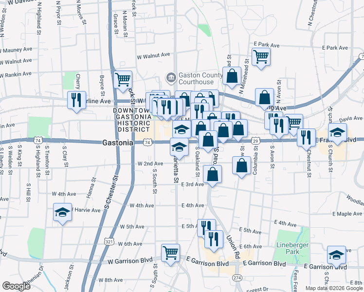 map of restaurants, bars, coffee shops, grocery stores, and more near 121 East Franklin Boulevard in Gastonia