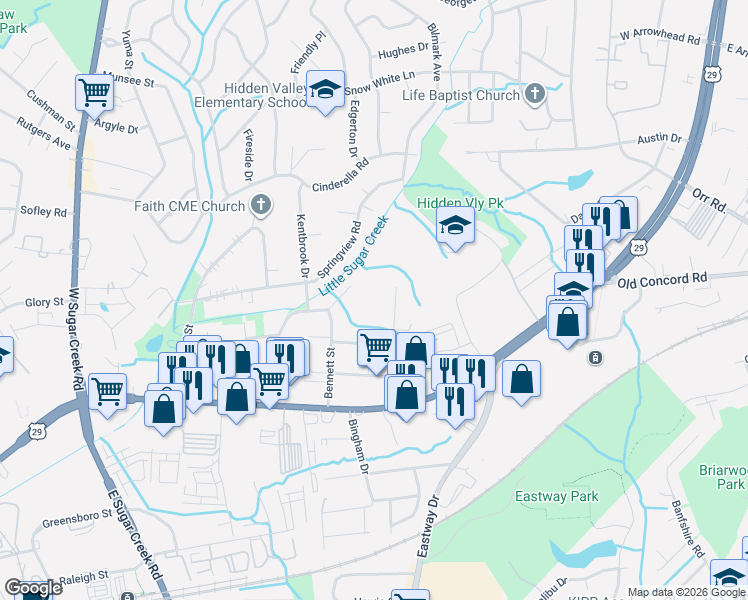 map of restaurants, bars, coffee shops, grocery stores, and more near 417 Lambeth Drive in Charlotte