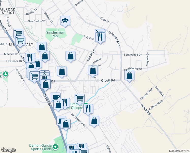 map of restaurants, bars, coffee shops, grocery stores, and more near 1148 Fernwood Drive in San Luis Obispo