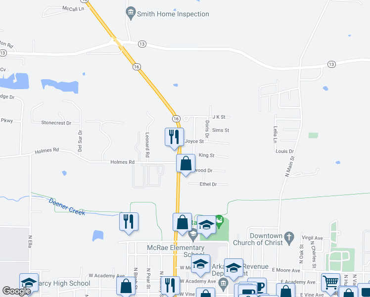 map of restaurants, bars, coffee shops, grocery stores, and more near 1302 North Maple Street in Searcy