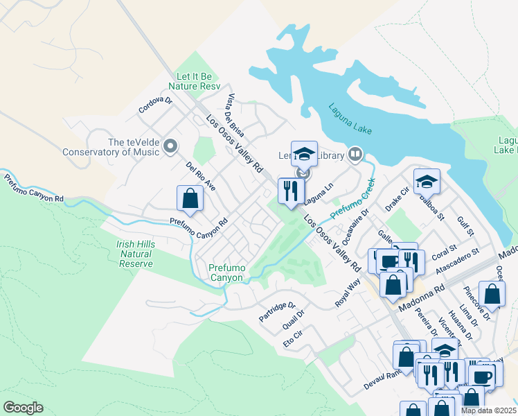 map of restaurants, bars, coffee shops, grocery stores, and more near 1600 Karen Drive in San Luis Obispo