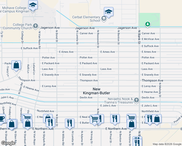 map of restaurants, bars, coffee shops, grocery stores, and more near 2535 East Snavely Avenue in Kingman