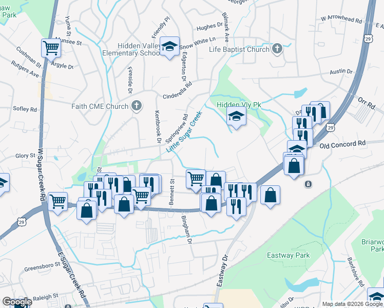 map of restaurants, bars, coffee shops, grocery stores, and more near 417 Lambeth Drive in Charlotte