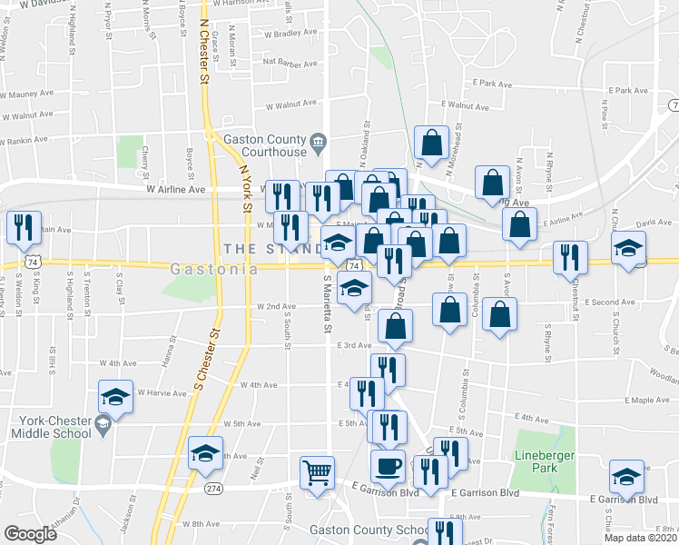 map of restaurants, bars, coffee shops, grocery stores, and more near 121 East Franklin Boulevard in Gastonia