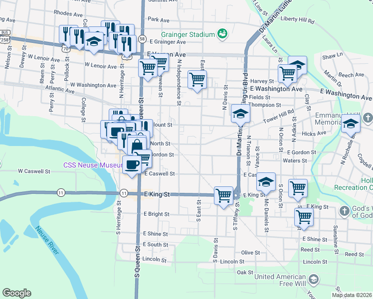map of restaurants, bars, coffee shops, grocery stores, and more near 306 East Gordon Street in Kinston