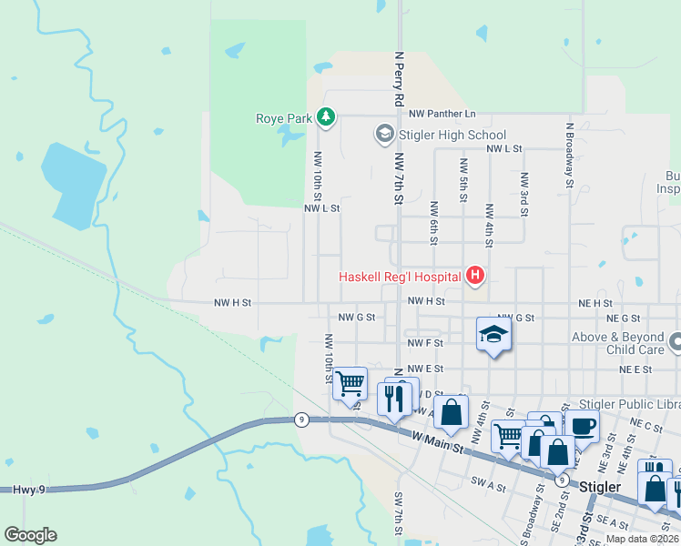 map of restaurants, bars, coffee shops, grocery stores, and more near Northwest 9th Street in Stigler