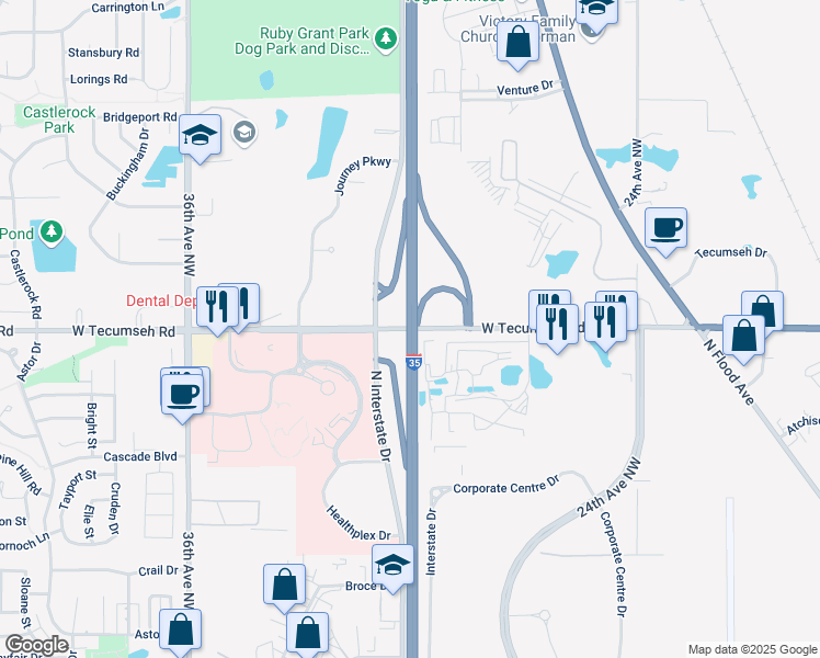 map of restaurants, bars, coffee shops, grocery stores, and more near 35 West Tecumseh Road in Norman