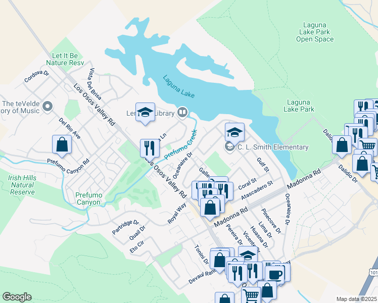 map of restaurants, bars, coffee shops, grocery stores, and more near 1200 Oceanaire Drive in San Luis Obispo
