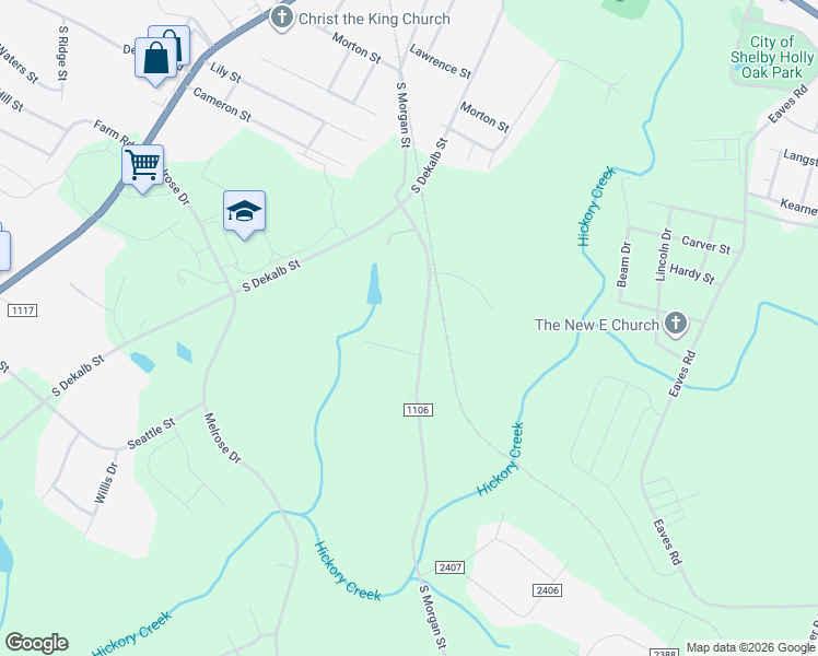 map of restaurants, bars, coffee shops, grocery stores, and more near 1504 South Morgan Street in Shelby