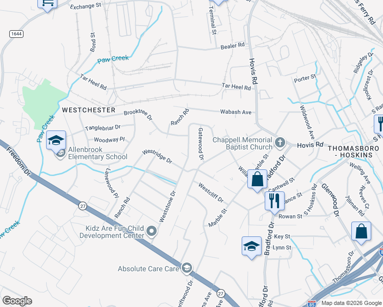 map of restaurants, bars, coffee shops, grocery stores, and more near 1439 Weststone Drive in Charlotte