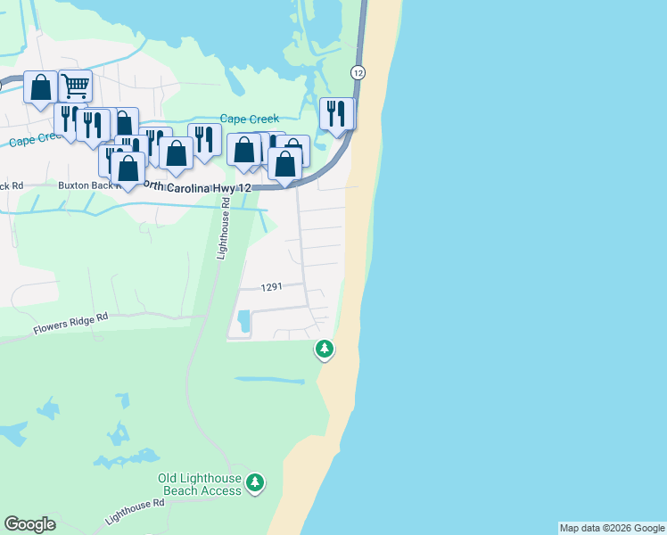 map of restaurants, bars, coffee shops, grocery stores, and more near 46051 South Tower Circle in Buxton
