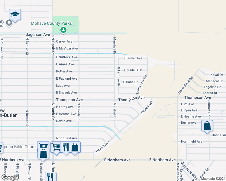 map of restaurants, bars, coffee shops, grocery stores, and more near 3823 East Snavely Avenue in Kingman