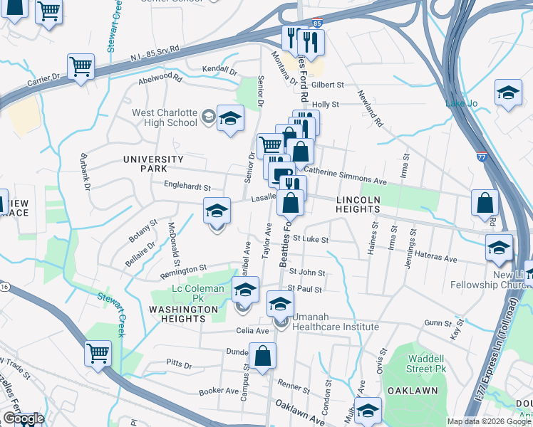 map of restaurants, bars, coffee shops, grocery stores, and more near 1916 Taylor Avenue in Charlotte