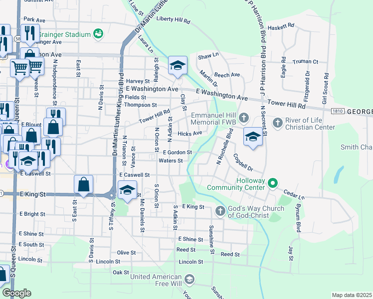 map of restaurants, bars, coffee shops, grocery stores, and more near 202 Clay St in Kinston