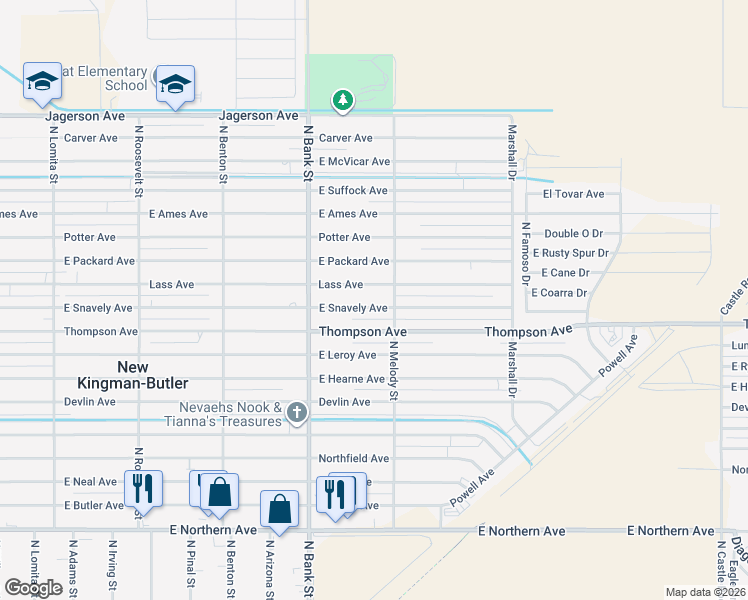 map of restaurants, bars, coffee shops, grocery stores, and more near 3085 East Snavely Avenue in Kingman