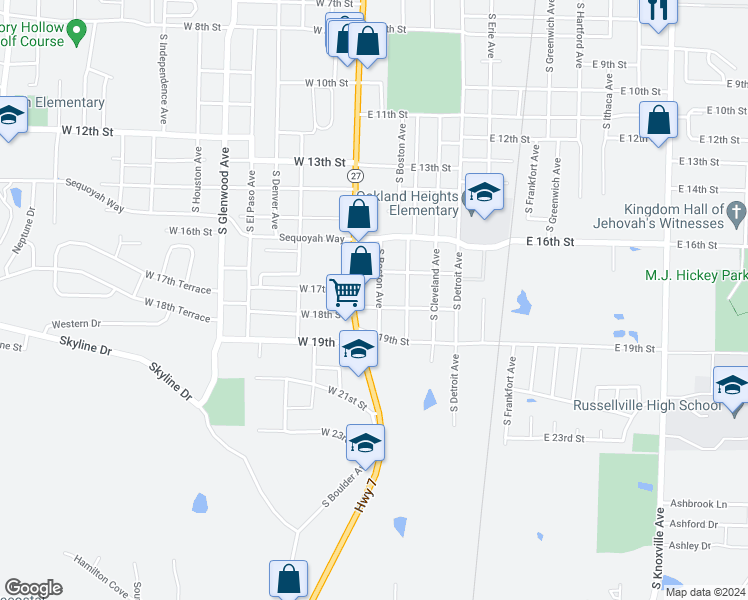 map of restaurants, bars, coffee shops, grocery stores, and more near 115 East 18th Street in Russellville