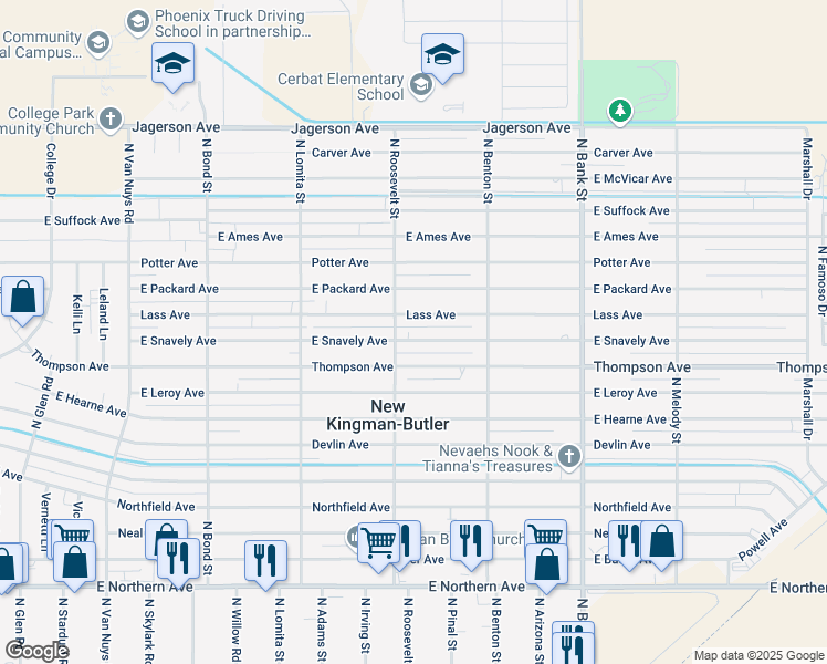 map of restaurants, bars, coffee shops, grocery stores, and more near 2635 East Snavely Avenue in Kingman