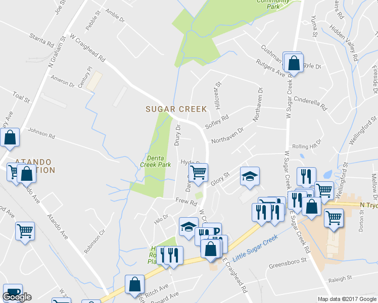 map of restaurants, bars, coffee shops, grocery stores, and more near 517 Dare Drive in Charlotte