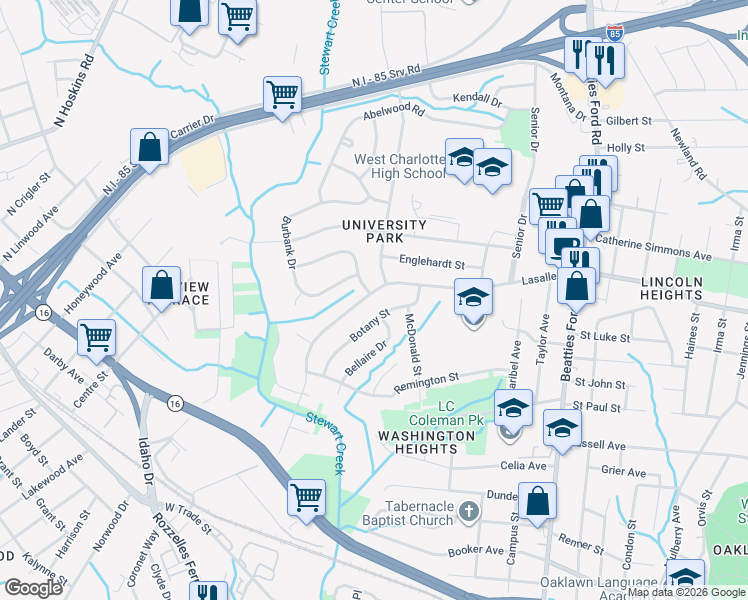 map of restaurants, bars, coffee shops, grocery stores, and more near 2813 Lasalle Street in Charlotte