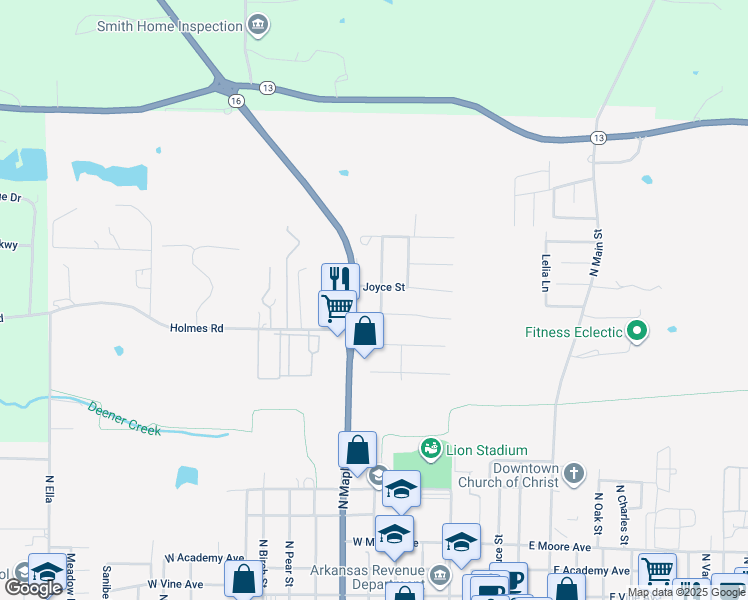 map of restaurants, bars, coffee shops, grocery stores, and more near 1302 North Maple Street in Searcy