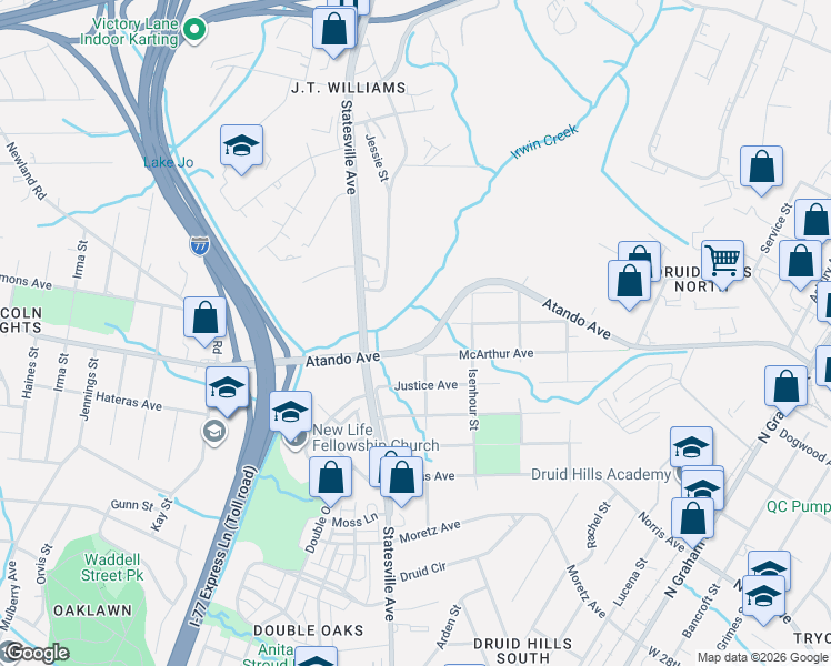 map of restaurants, bars, coffee shops, grocery stores, and more near 1115 Wainwright Avenue in Charlotte
